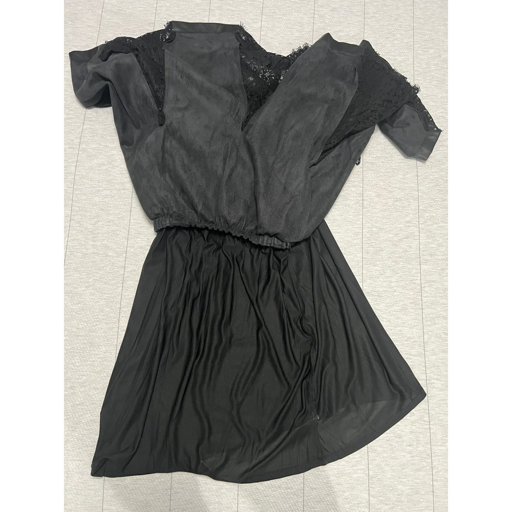 Venus Black Faux Leather Lace Trim Midi Dress Button Front Elastic Waist Size 18 - Picture 3 of 12